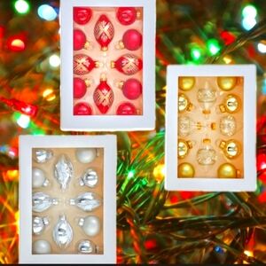 Kurt Adler 35MM Glass Gold, Silver And Red Ball & Finial Ornaments, 12 piece box